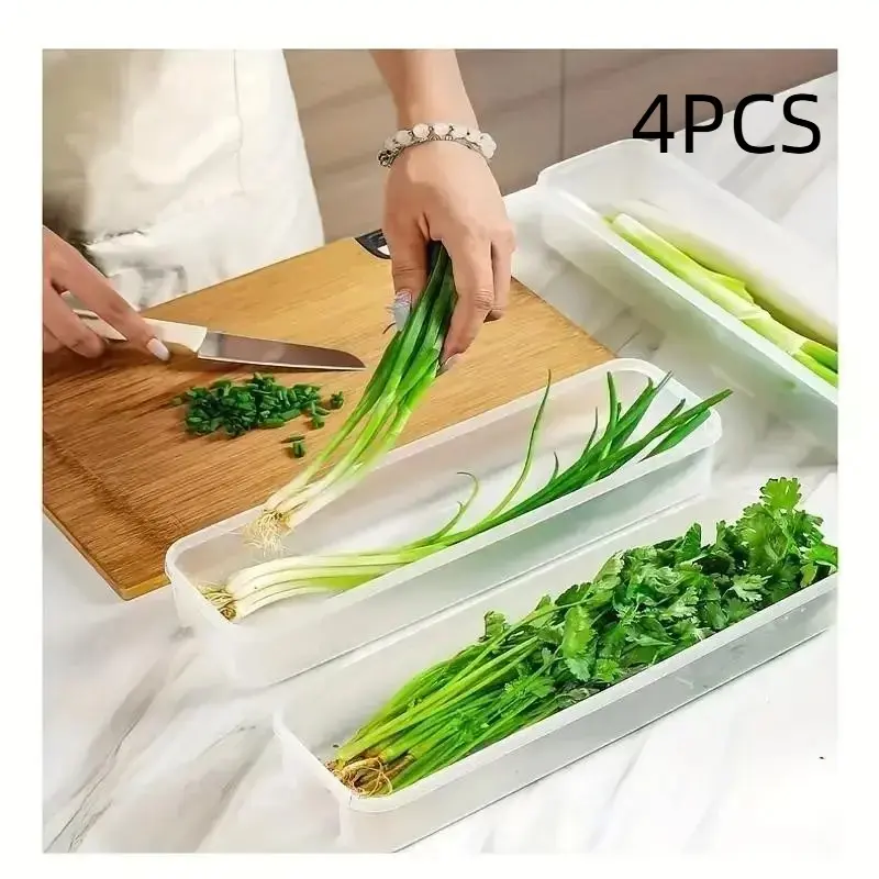 4 Long Plastic Food Storage Containers, Produce Containers for Vegetables, Durable Sealed Kitchen Organizer, Food Storage Set, No Battery Needed, Ideal for Cilantro, Lettuce, Celery