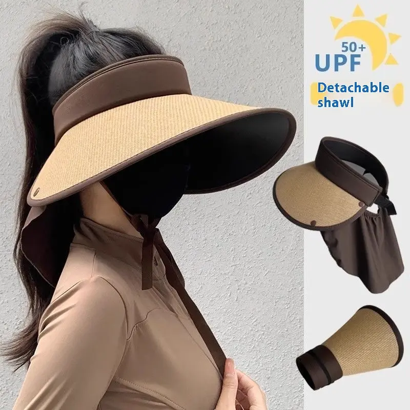 Women's Straw Weave Sun Hat with Neck Shawl, Wide Brim Dome Crown and Breathable UPF 50+ Shield for Summer Travel
