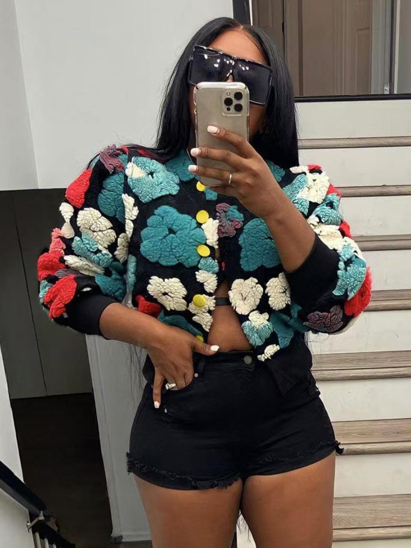 【Plus Size】 Floral Print Button Front Crop Jacket, Casual Long Sleeve Open Front Outerwear for Fall & Winter, Coat, Women's Clothes for Daily Wear, Clothing, Womenswear, Tops