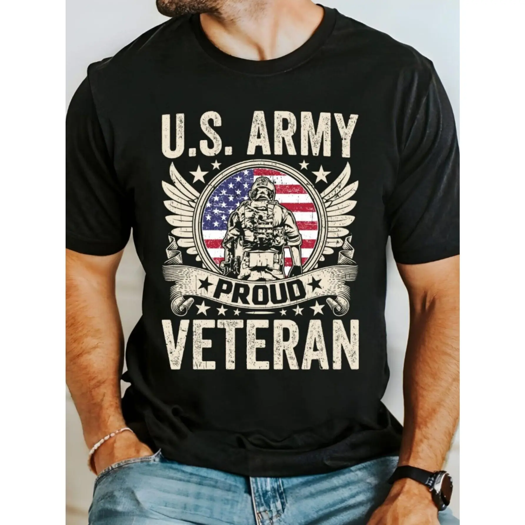 US Army Proud Veteran Men's Short-Sleeve Cotton Fabric T-Shirt Top - Super Soft, Moisture-Wicking, Breathable | Perfect for Daily Wear, Fitness, Shortsleeve, Casual, Tshirt, Stretch, Knit, Round Neck