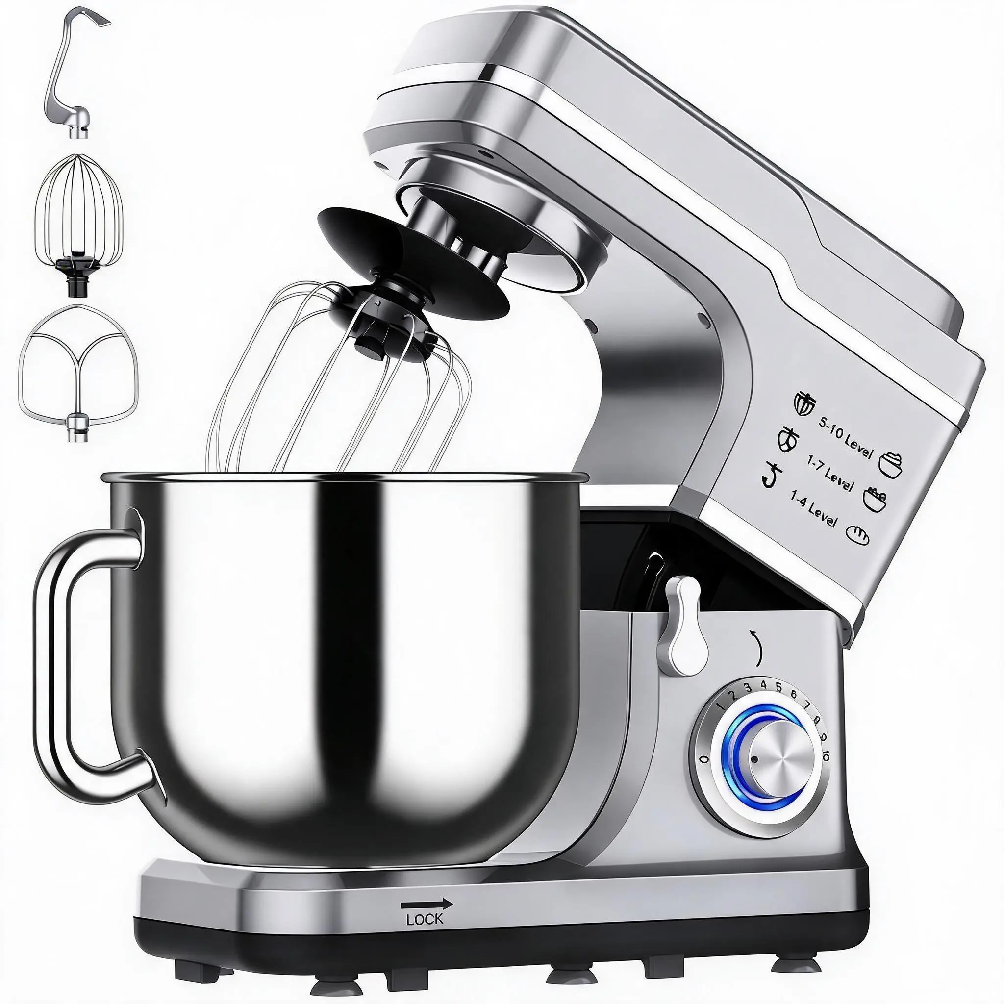 7.5QT Stand Mixer 660W Tilt Head Kitchen Electric Food Mixer 10 Speed Platform Bowl Mixer with Dough Hook Whisk Beater Splash Guard Stainless Steel Large Capacity Cake Bread Pizza Dough Maker Machine for Home Baking