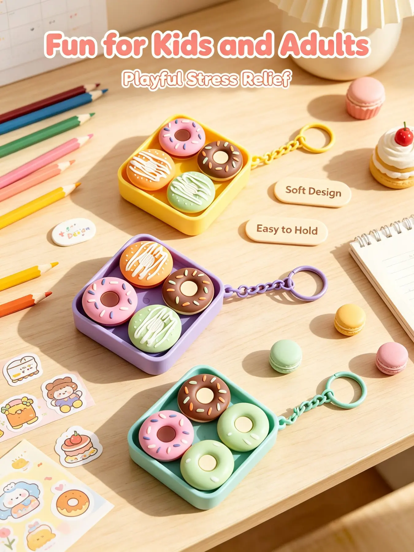 Donut Stress Relief Keychain, Realistic Fruit Food Press Toy, Pressure Release Pendant, Finger Press Relaxation, Stress Relief Fidget, Solid Pattern