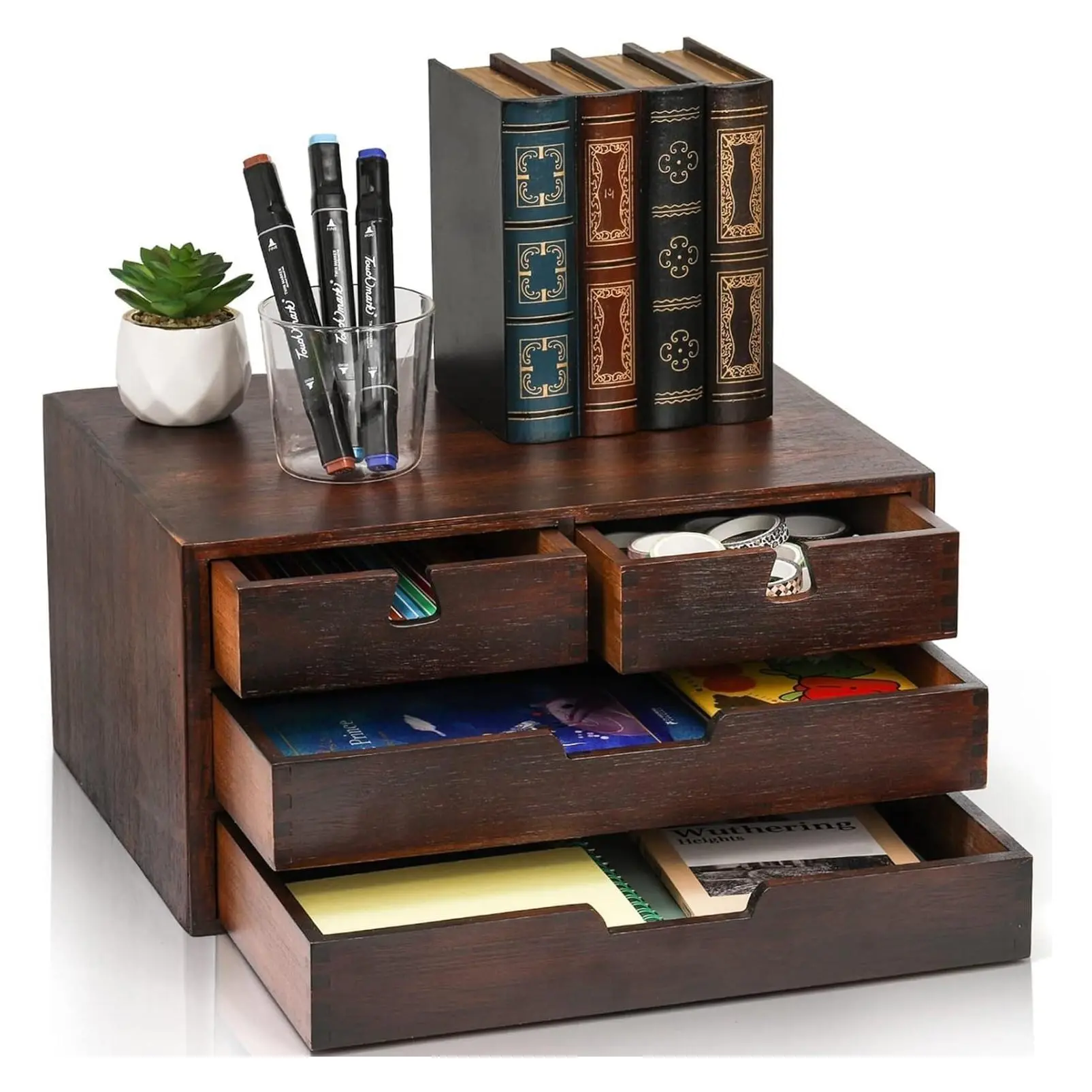 Natural Bamboo 4-Drawer Desk Organizer, Dark Brown Tabletop Storage Cabinet for Makeup, Letters & Home Office, Fully Assembled, Eco-Friendly Desktop OrganizationGift