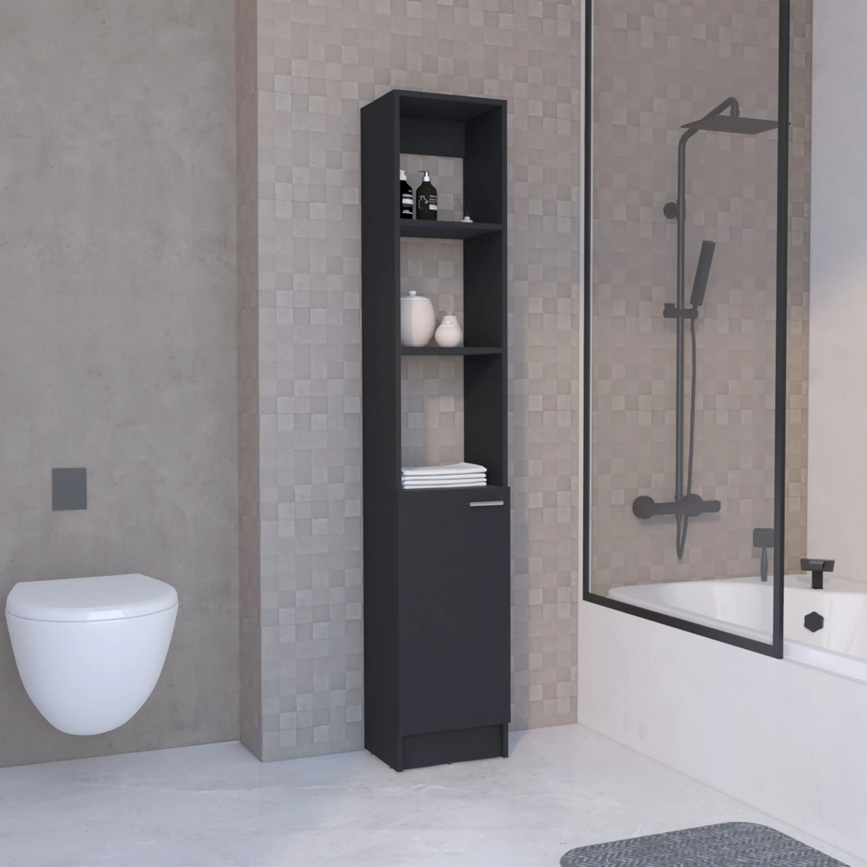 Nokaa Linen Cabinet with 1 Door and 5 Adjustable Shelves, Narrow Storage Cupboard for Bathroom, Laundry, Pantry, Office, Black Engineered Wood, 70.87H x 13.03W x 10.43D Inches, FSC Certified