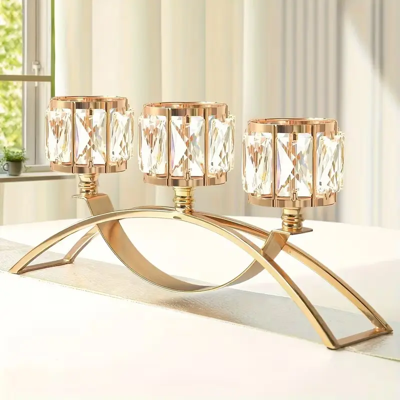 European Luxury Metal Crystal 3-Head Arched Candle Holder, Table Centerpiece Decor, Wedding Party Restaurant Home Decoration
