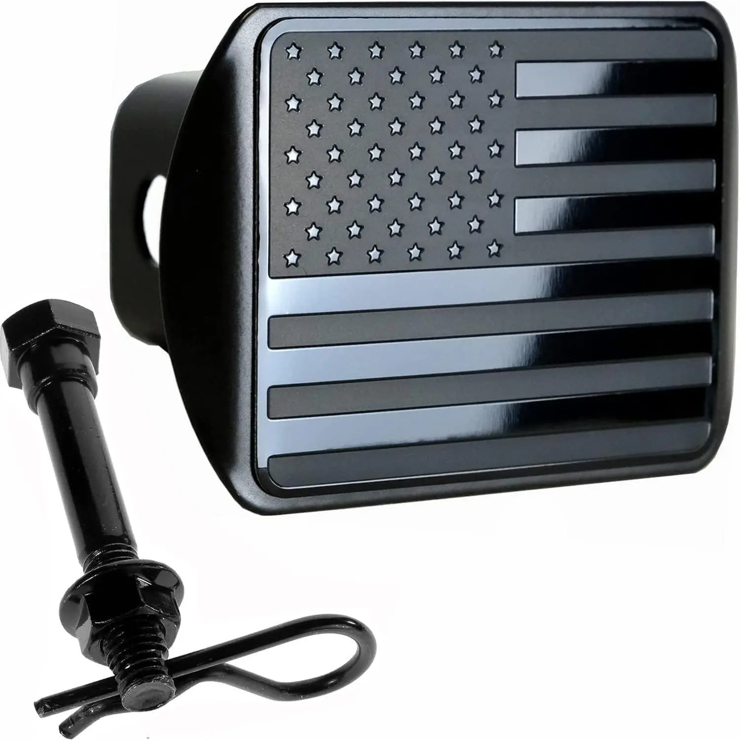 Black USA Embossed Metal Flag Emblem Cover with Anti-Rattle Hitch Pin Bolt - Waterproof, Durable, UV Resistant, 4x3 in, Fits 2" Standard Receivers, All-Weather Sports & Outdoor Accessory, Anti-Ruttle Hitch Pin Bolt, Standard 2"