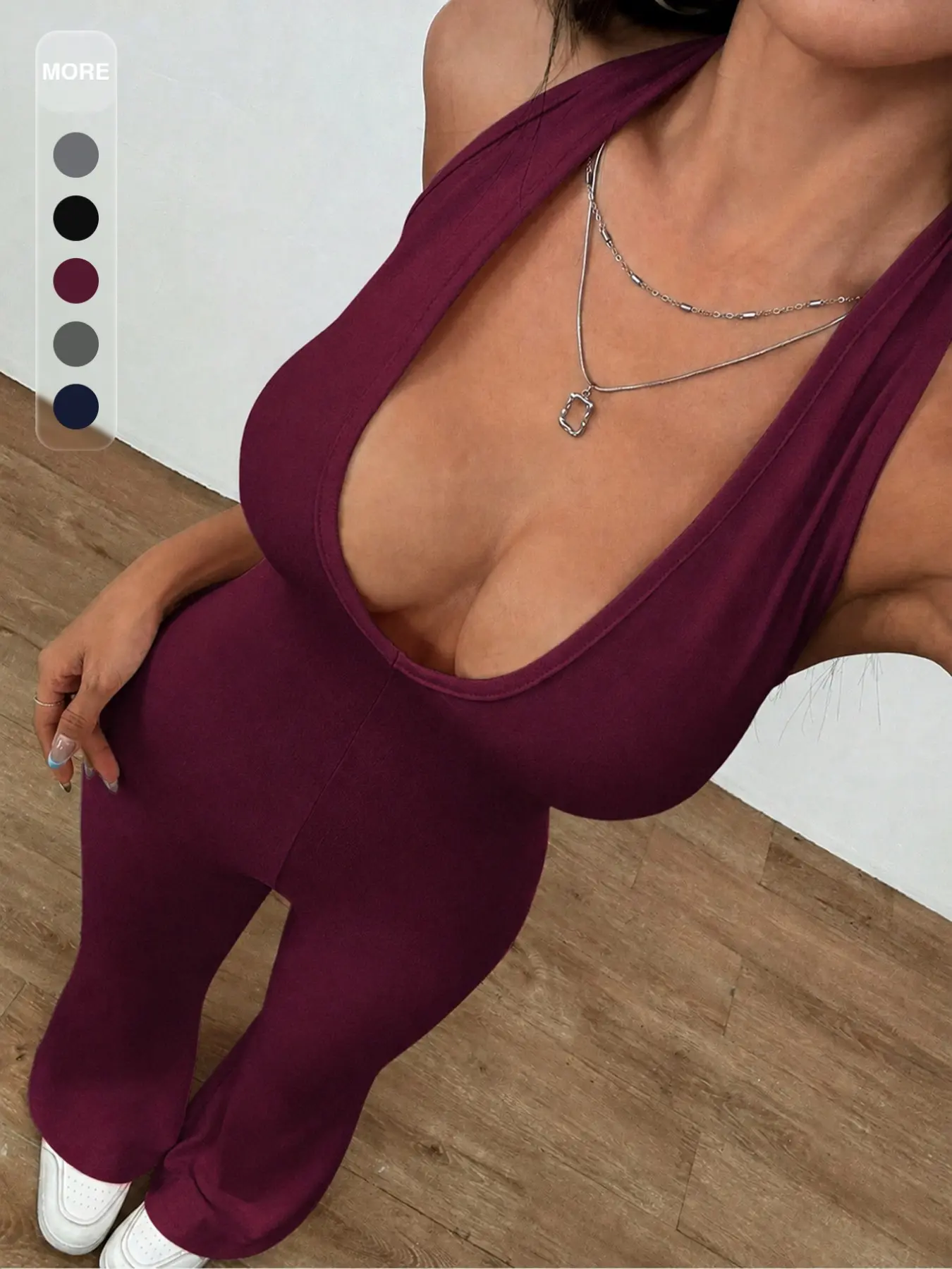Women’s Halter Deep V Flare Jumpsuit, Soft Stretch Bodycon One Piece, Perfect for Date Nights, Parties, Vacations, Clubs, Casual Streetwear