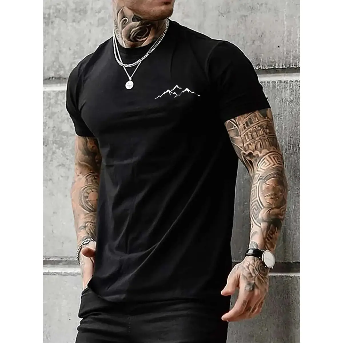 Men's Cotton Oversized Round Neck Shortsleeve Tshirt - Menswear Streetwear Regular Fit Mountain Print Top, Unisex Summer Daily Casual Sports & Outdoor Apparel, T-Shirt