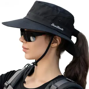 Wide Brim Ponytail Bucket Hat, UV Protection Foldable Summer Sun Hat for Beach Hiking