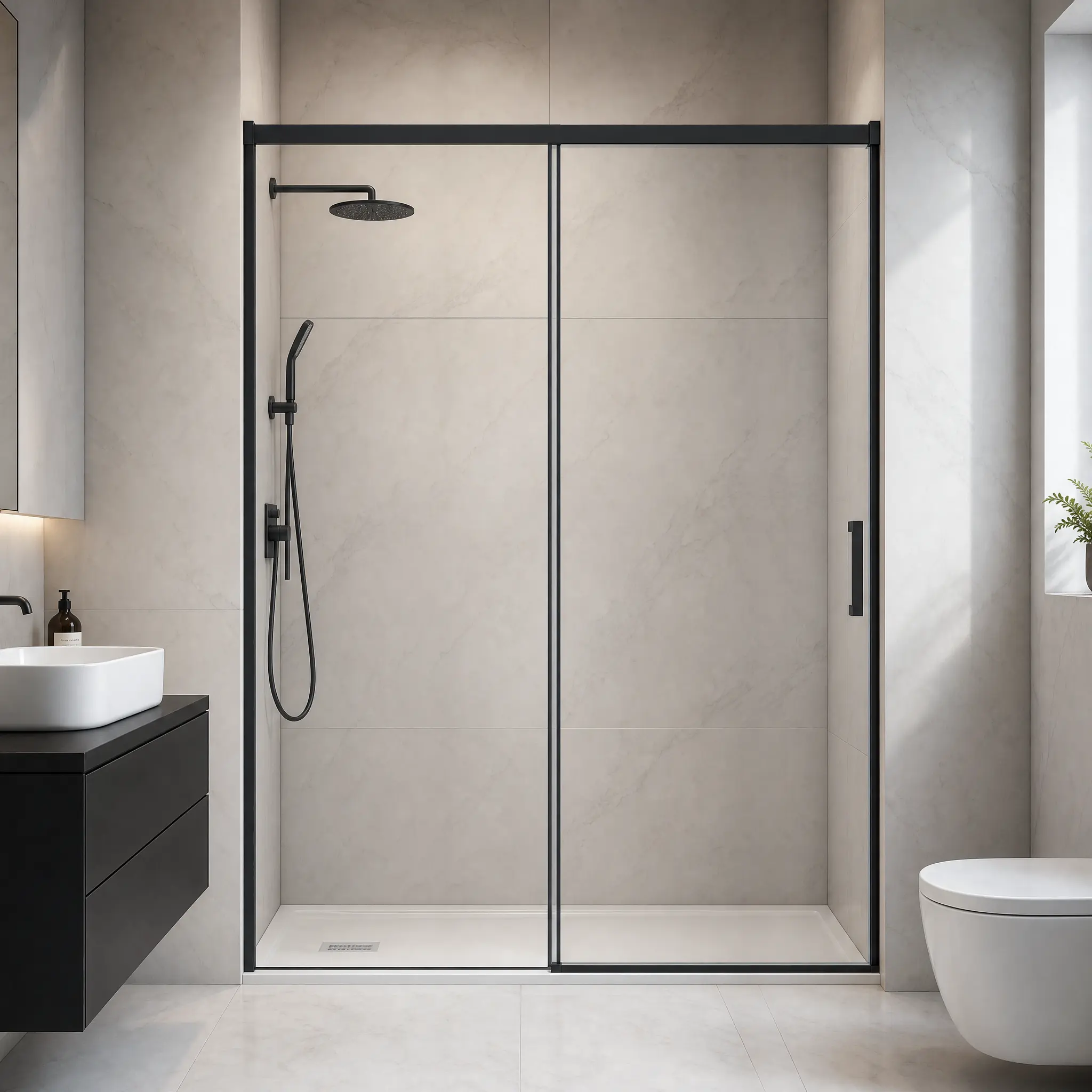 56-60"W x 74"H Semi-Frameless Sliding Shower Door, 1/4"(6mm) SGCC Tempered Glass, Matte Black