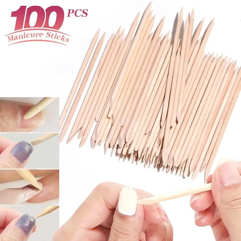 100pcs Orange Wood Natural Nail Sticks - Wooden Sticks for Nails - Multi-Functional Manicure & Pedicure Tool - Double-Sided Cuticle Pusher & Remover