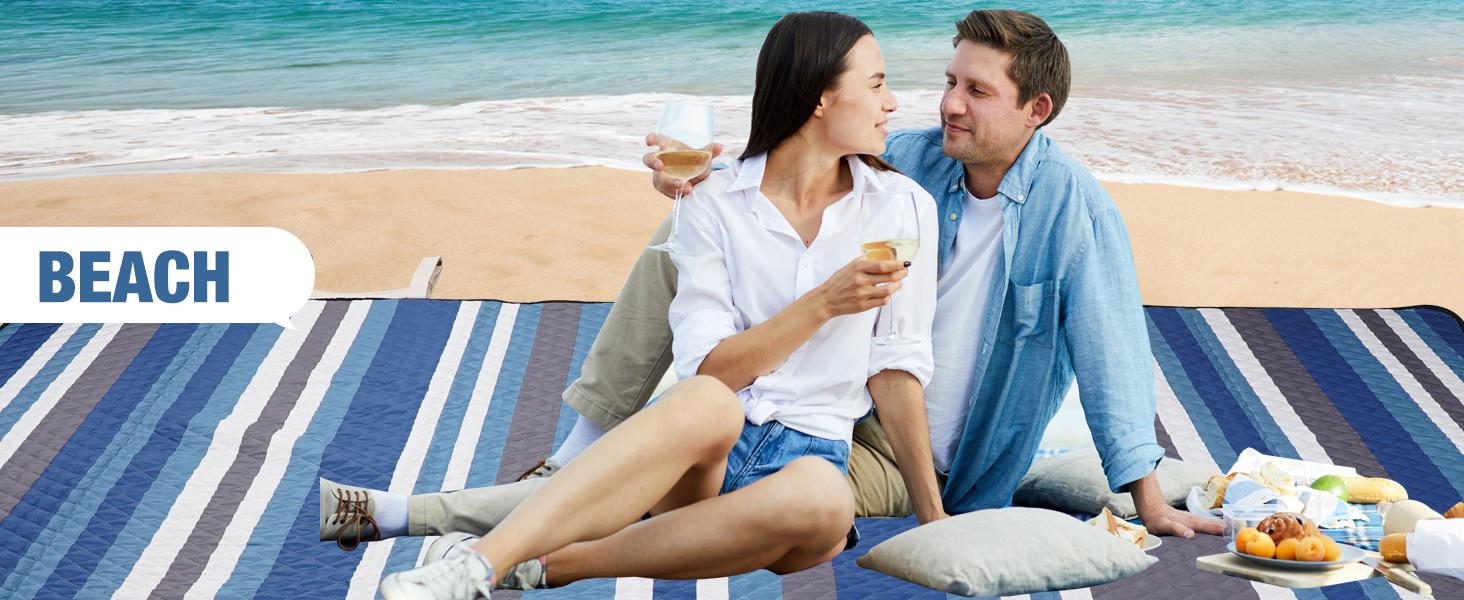 Picnic Blankets Outdoor - 80"x80" Waterproof Beach Blanket, Machine Washable 3-Layer Foldable Park Mat with Sandproof Backing for Grass, Hiking, Travel, Concerts, Indoor (BlueStrip)