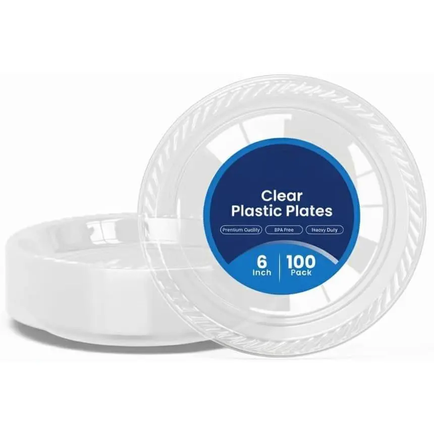 100 Pack 6 Inch Clear Plastic Plates - Heavy Duty Small Dessert Plates - Microwavable Small Appetizer Plates -  6 inch Disposable Plates