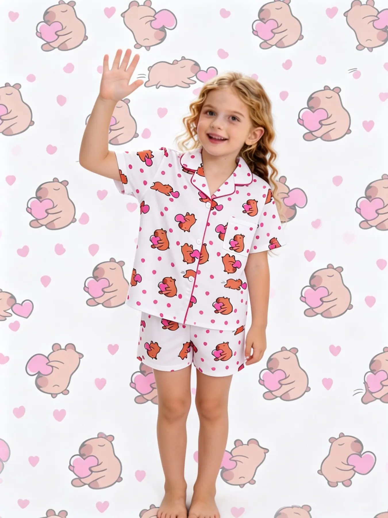 2-piece set of children's clothing with white background pink heart-shaped Capibala pattern printed short sleeved shorts, soft and comfortable top, small pocket elastic waistband, daily casual children's sleepwear set, Pastel cute pajamas