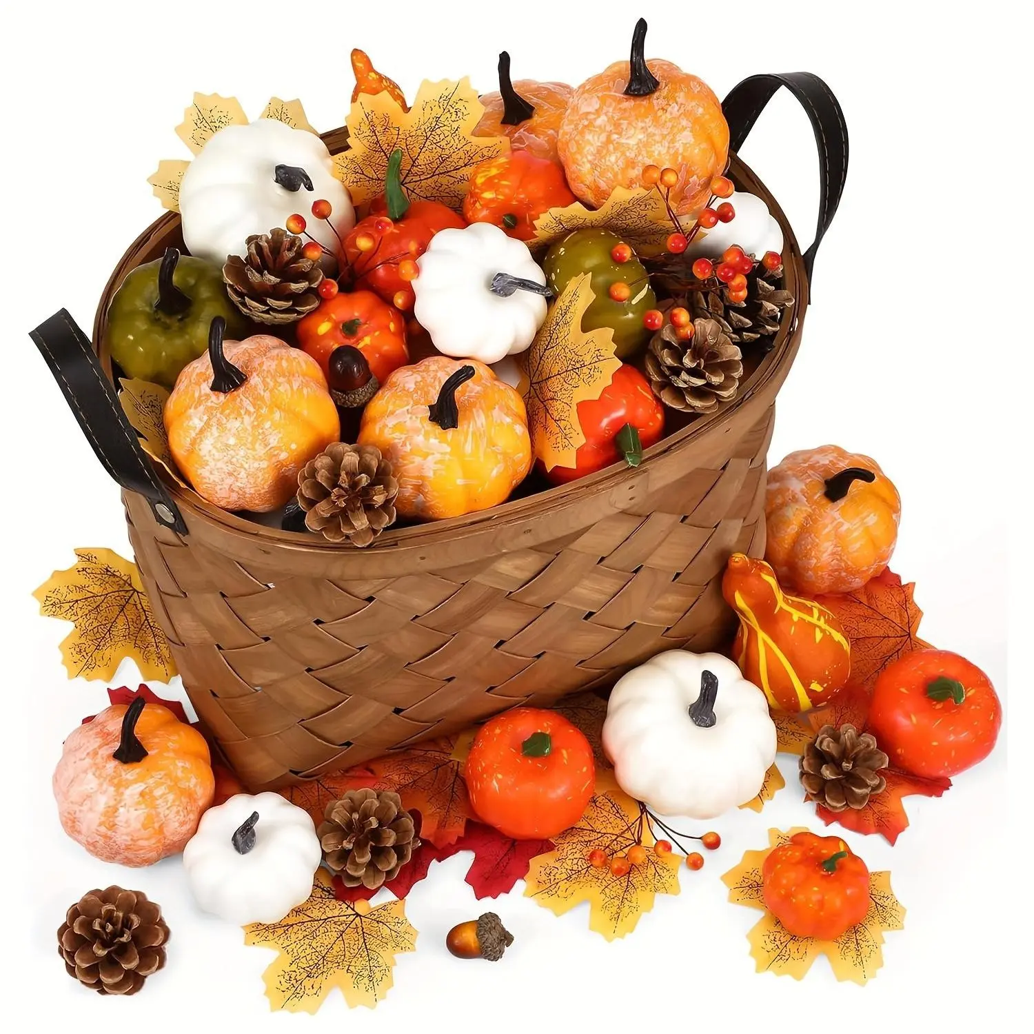 50 Piece Autumn Harvest Decor Set, Bright Artificial Pumpkins, Gourds, Acorns, Maple Leaves, Pinecones, Plastic Plants, Perfect for Thanksgiving, Halloween, Weddings