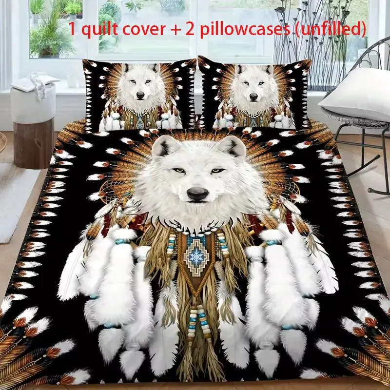 3-piece wolf print bedding set, Theme bedding set, includes 1 duvet cover + 2 pillowcases (excluding filling), high-definition prints, suitable for home and dorm use, cozy bedding, easy to maintain, durable