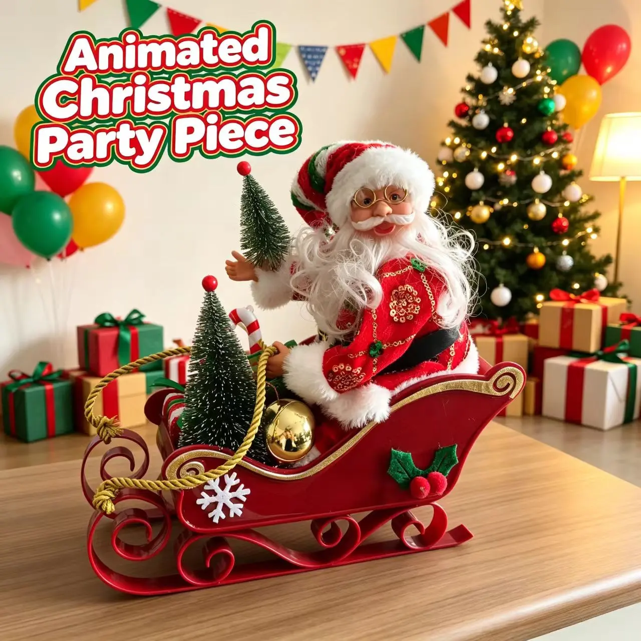 Christmas Plastic Electric Sleigh Santa Claus Arm Swing Music Ornament, Plush Moveable Hand with Music Desktop Festival Decoration Craft