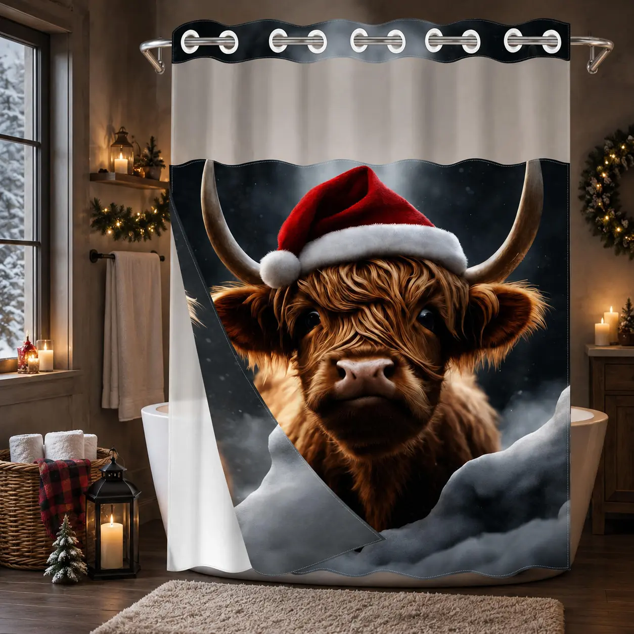 No Hooks Christmas Highland Cow Santa Hat Shower Curtain with Snap-In Liner, Double-Layer Waterproof Fabric, Sheer Mesh Top, Removable White Liner, Winter Farmhouse Bathroom Decor, Hotel, Dormitory and Bathroom Accessories, 72x75in