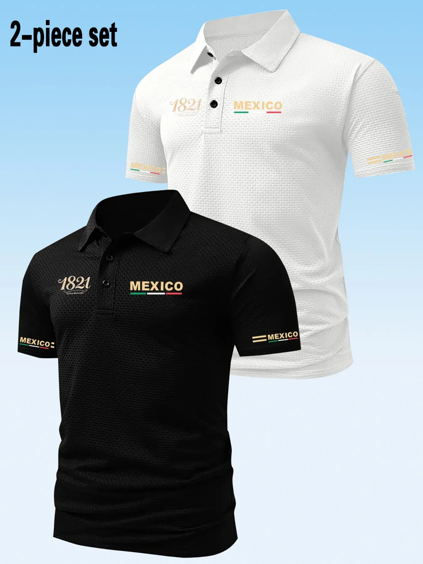 2-Pack Men's Mexican Print Short Sleeve Polo Shirts, Summer Lightweight Smooth Texture Checkered Business Casual Tops