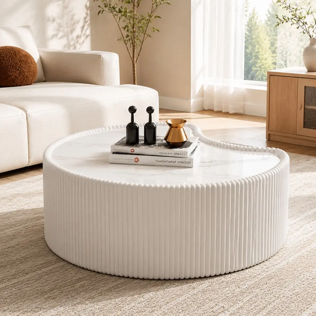 Modern Round Circle Coffee Table - Preassembled, Sintered Stone Top, PU Leather Base, 29.5x29.5x15 In, Cream White or Black, Unique Irregular Pattern, Living Room Sofa Table