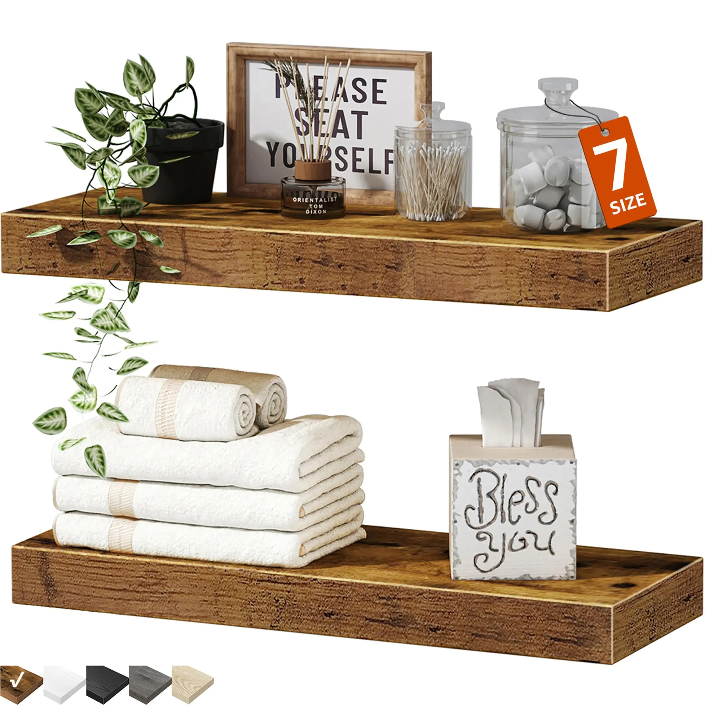 Floating Bookshelf for Wall, Bathroom, Bedroom, Kitchen, Living Room, Cottage Small Wood Rack Shelf, Space-Saving Decorative Storage Solution
