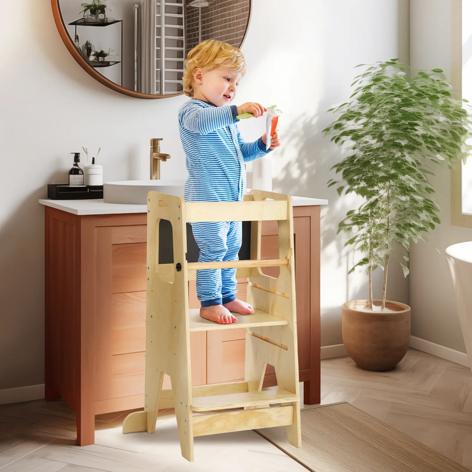 Solid Birchwood Toddler Learning Tower with Blackboard Easel, Height-Adjustable Anti-Bump Rounded Corners Step Stool for Kitchen Counter, Bathroom & Crafting (18 Months to 6 Years)
