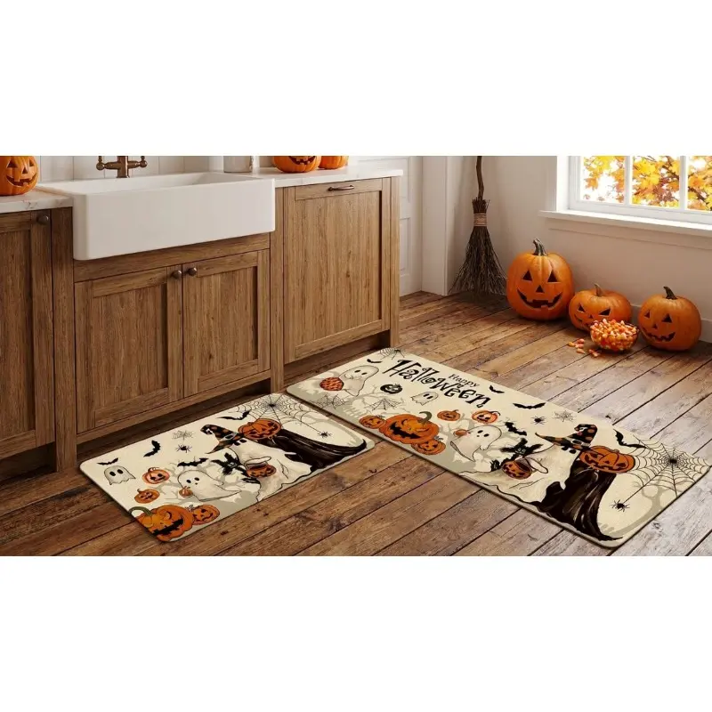 Halloween 2-Piece Flannel Cloth Kitchen Mat Set - Whimsical Holiday Theme Ghost/Evil Pumpkin/Bat Designs, Non-Skid Washable Rugs for Whimsical Home Decor & Room Decor (16*24in + 18*48in)
