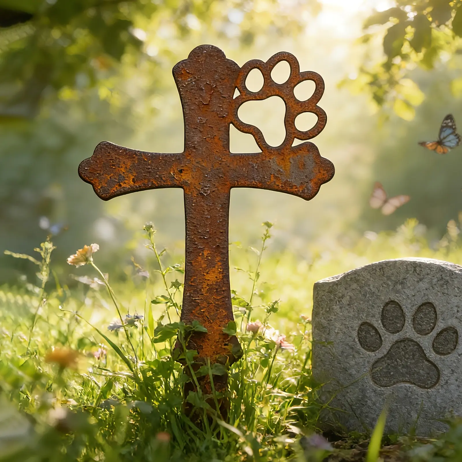 Pet Memorial Cross with Paw Print, Vintage Metal Garden Tombstone, Outdoor Decoration for Cats and Dogs, Rusty Metal Ground Stake