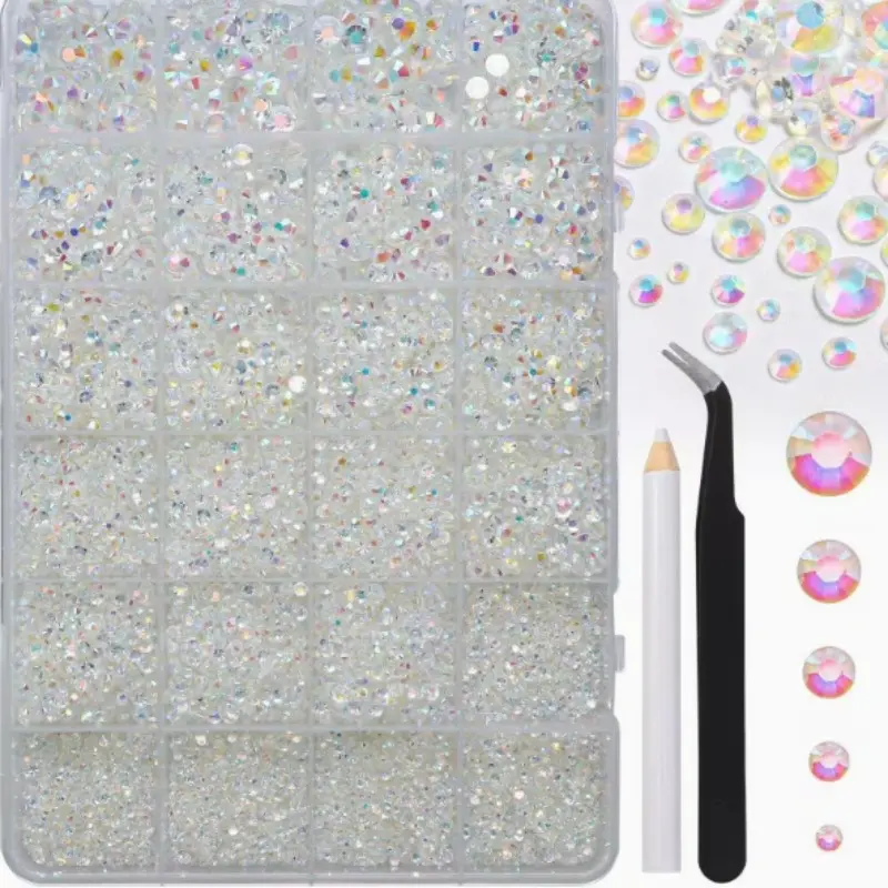 24-Grid Ab Color Resin Flat Bottom Rhinestones DIY Set, Fashion Jewelry Accessories, Nail Art Tools, Phone Decoration Kit, Nail Decoration Supplies