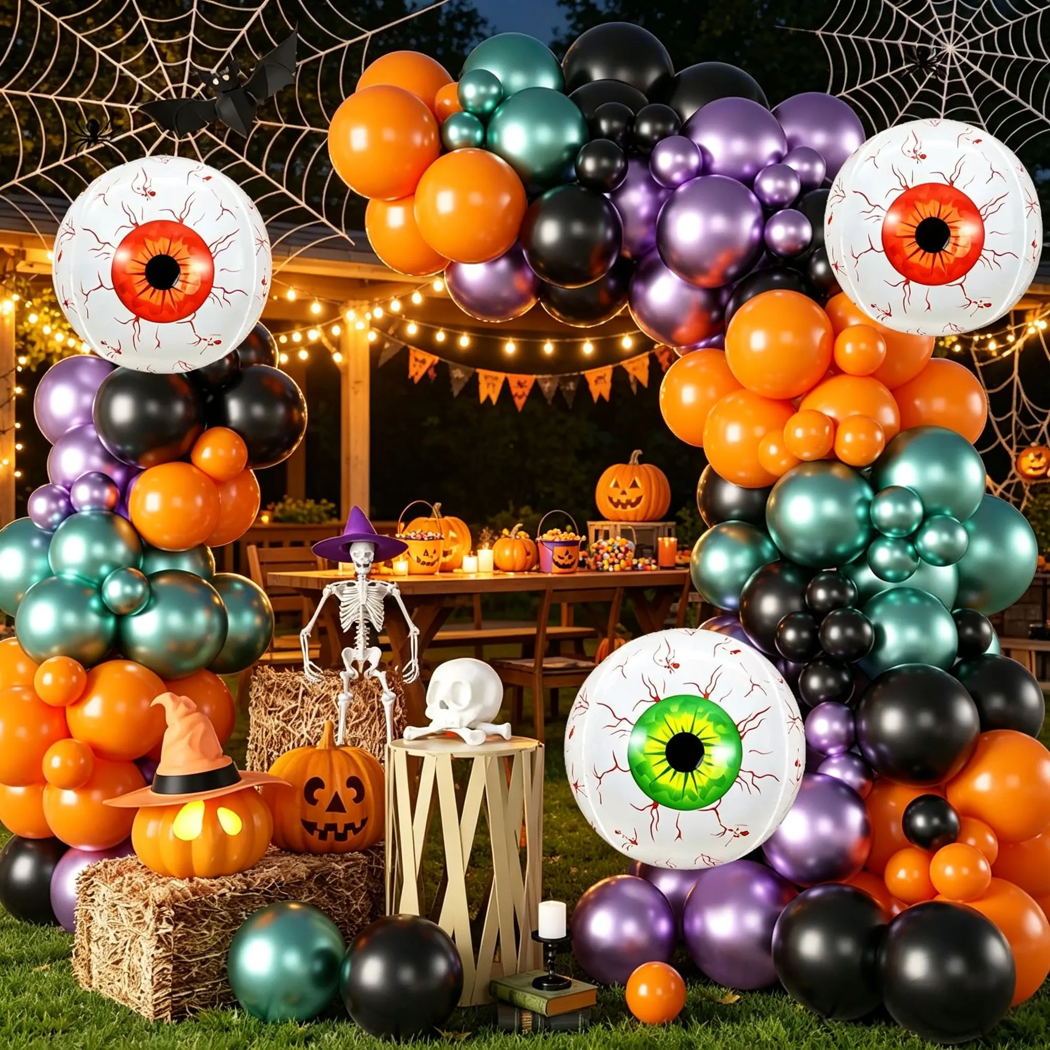 109-Piece Halloween-Themed Spooky Balloon Arch Kit，Demon Eye Foil Balloon、Black、Orange、Metallic Green、Metallic Purple4 styles  Balloon，Ideal for Halloween yard decorations, children’s neighborhood trick-or-treating decorations, spine-chilling Halloween