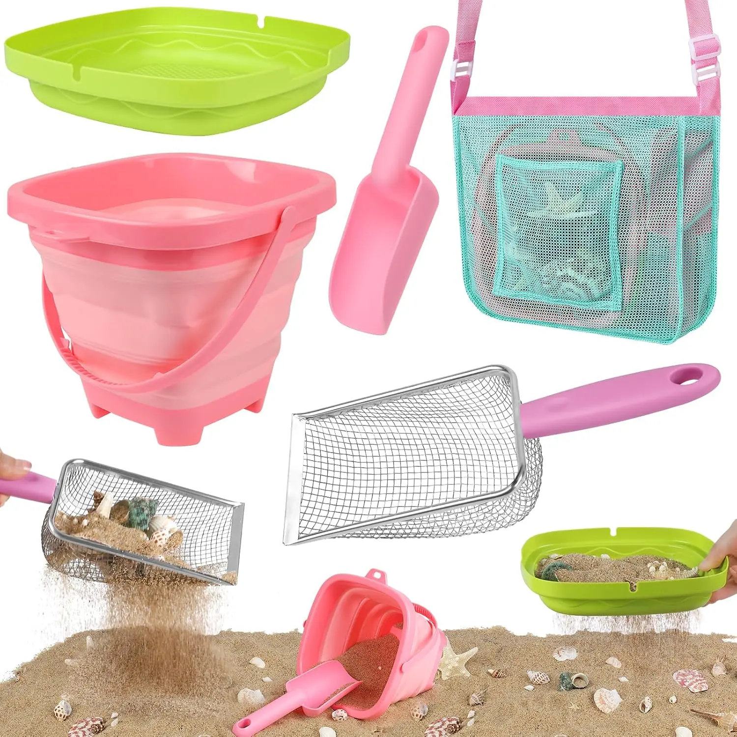 Shell Collecting Set - Sand Toys with Collapsible Bucket, Shark Tooth Sifter, Sand Sifter, Mesh Bag, Outdoor Exploration & Treasure Hunt Tools for Kids, Family Beach Vacation Essentials