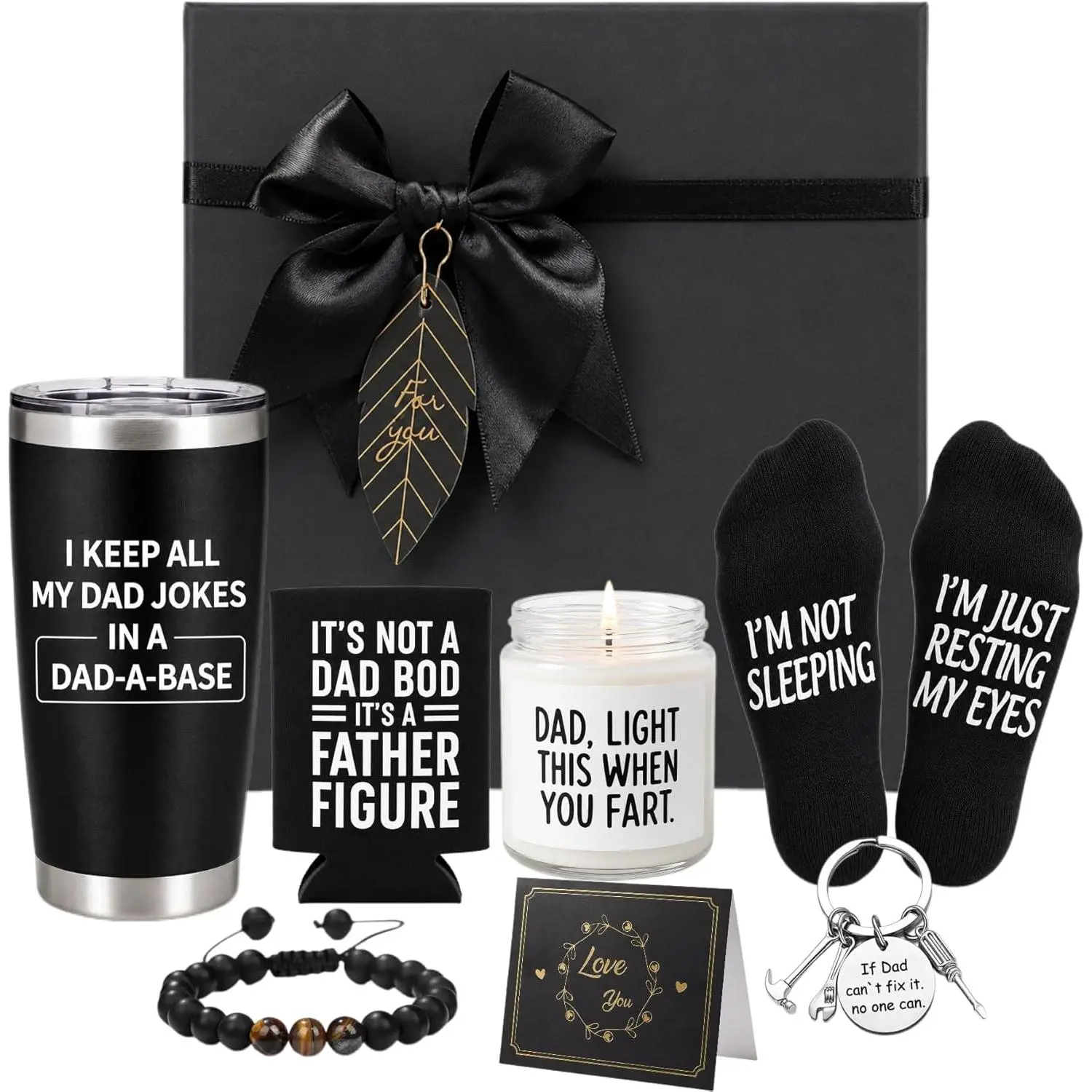 Father’s Day  Set for Dad, 8 count Dad  Basket with 20oz Tumbler, Candle, Socks, , Bracelet and Card Thoughtful  for Husband Grandpa Stepdad