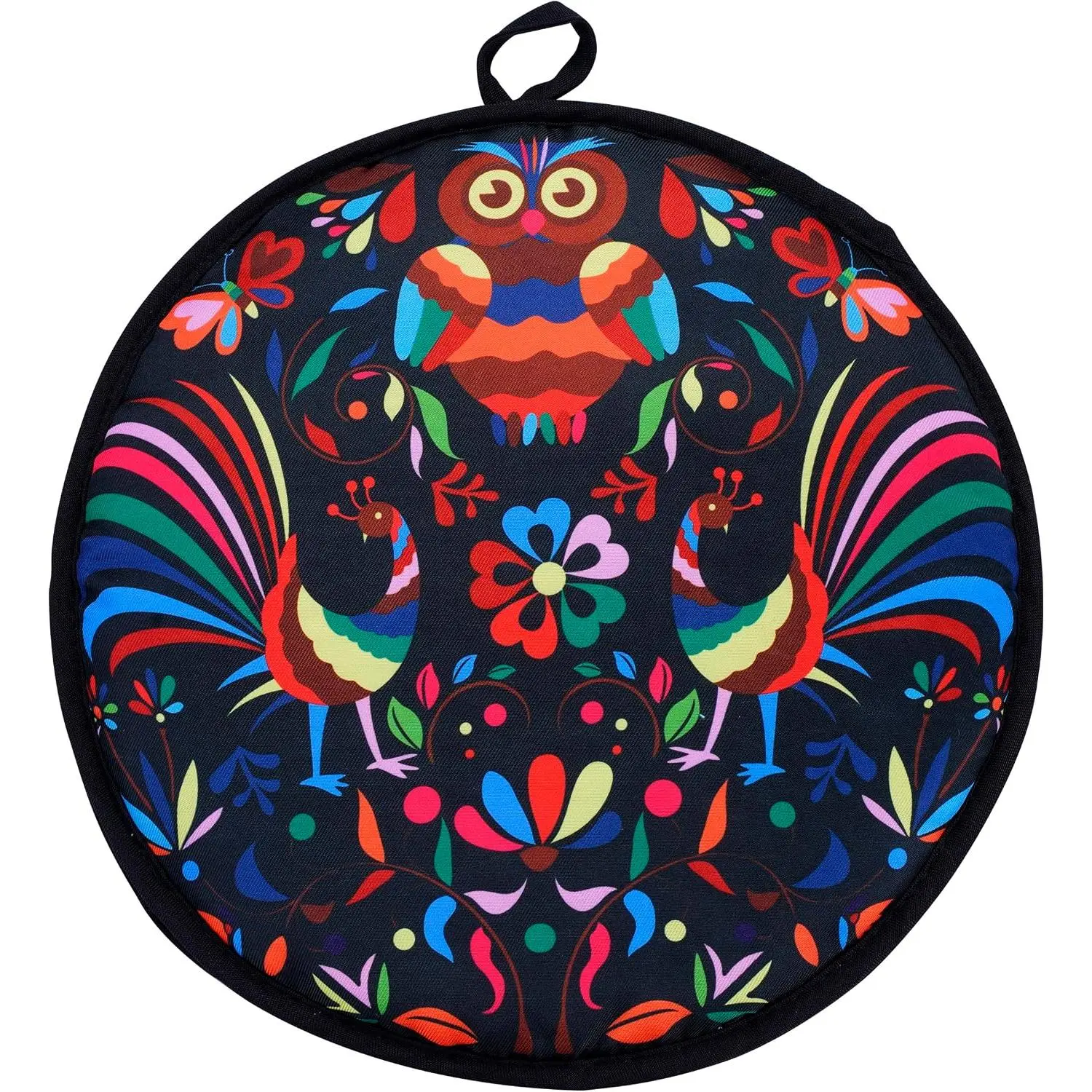 12-Inch Synthetic Polyester Kitchen Utensils Aesthetic Mexican Tortilla Warmer, Double-Sided Insulated Cloth Pouch with Bird Motif, Microwave-Safe Holder for Tortillas & Tacos, 1-Hour Food Warmth (Black)