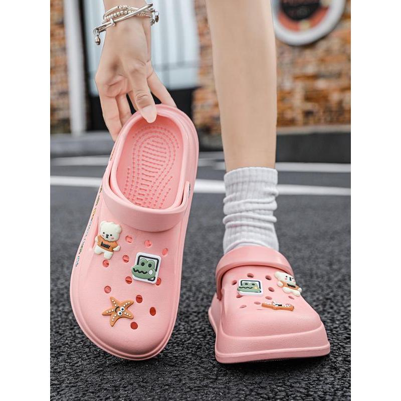 (New)Women's Cute Cartoon Bear & Flower Decor Clogs, Casual Comfortable Breathable Clogs, Fashionable Shoes for Outdoor & Beach
