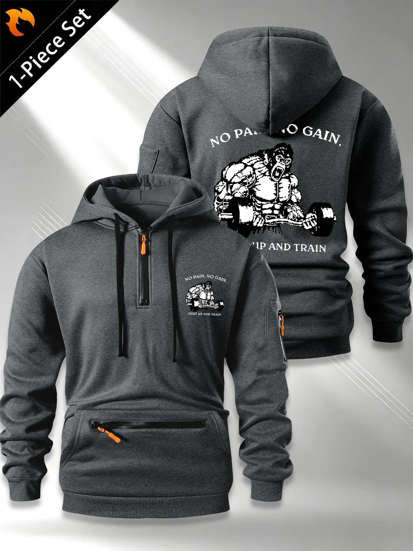 American Style Gorilla Hoodie for Men, Loose Fit Half-Zip Sweatshirt, Multiple Pockets, Knit Material, Fall & Winter Streetwear