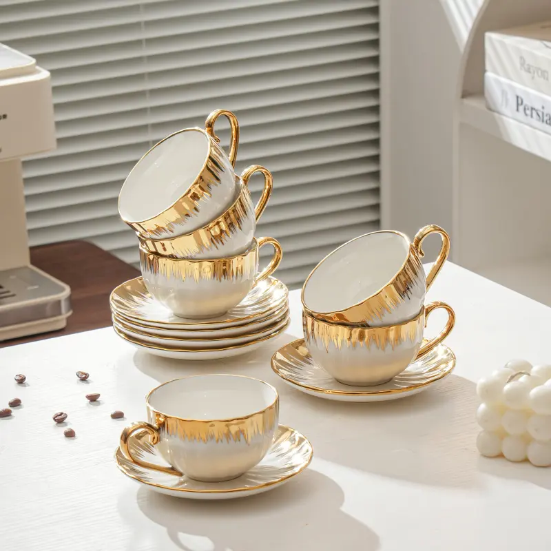 12 Pieces European High End Ceramic Coffee Cup Saucer Set 8.45oz Light Luxury Tea Cups for Coffee Tea Set High Wedding Mother's Day Festival Gifts