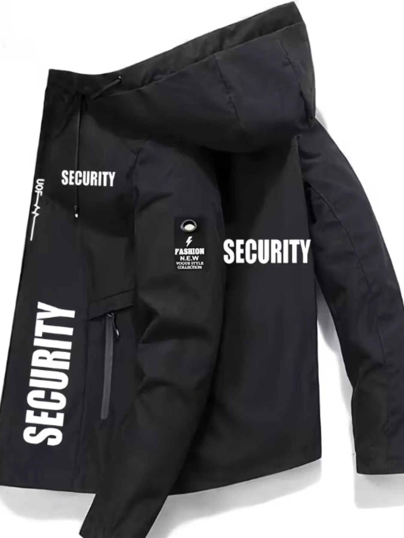 Men's Security Letter Print Hooded Jacket, Zip Closure, Windproof, 100% Polyester Fabric, Multiple Pockets, Adjustable Drawstring Hood, Casual Fall Winter