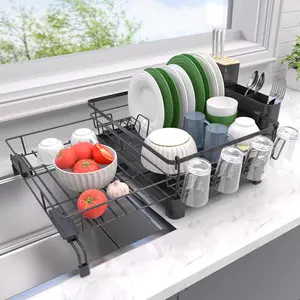 Dish Drying Rack - Expandable Dish Rack, Large Drying Dish Drainer Over Sink with Drainboard, Utensil Holder & Cup Holder, Stainless Steel Dish Strainer for Kitchen Counter, Black