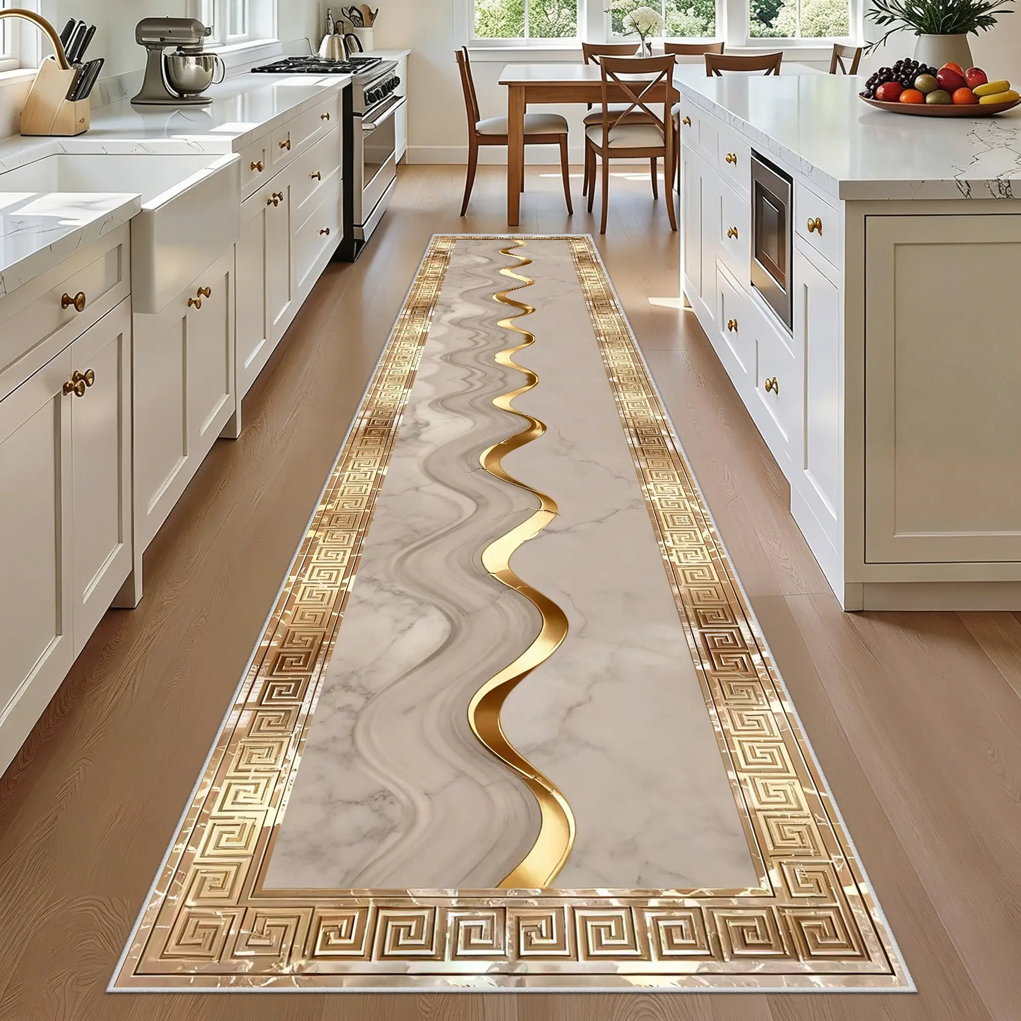 Velvet Gold Trim Marble Pattern Runner Rug, Soft Plush Easy Storage Hallway Mat, Non-Slip Long Carpet for Living Room, Bedroom, Office, Home Decorative Rug, Marble Patterned Rug