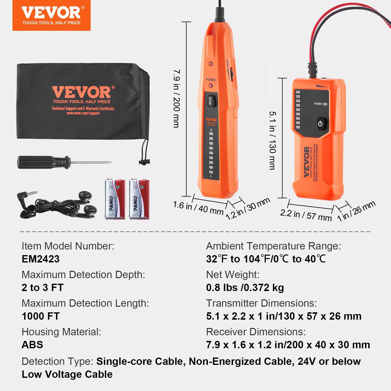 VEVOR Underground Cable Locator, 3 FT Max. Detection Depth, Wire Tracer Break Detector Finder with Earphone, 1000 FT Max.Detection Length Cable Tester for Pet Fence Buried Sprinkler Valve Irrigation VEVOR Underground Cable Locator, 3 FT Max. Detection Depth, Wire Tracer Break Detector Finder with Earphone, 1000 FT Max.Detection Length Cable Tester for Pet Fence Buried Sprinkler Valve Irrigation