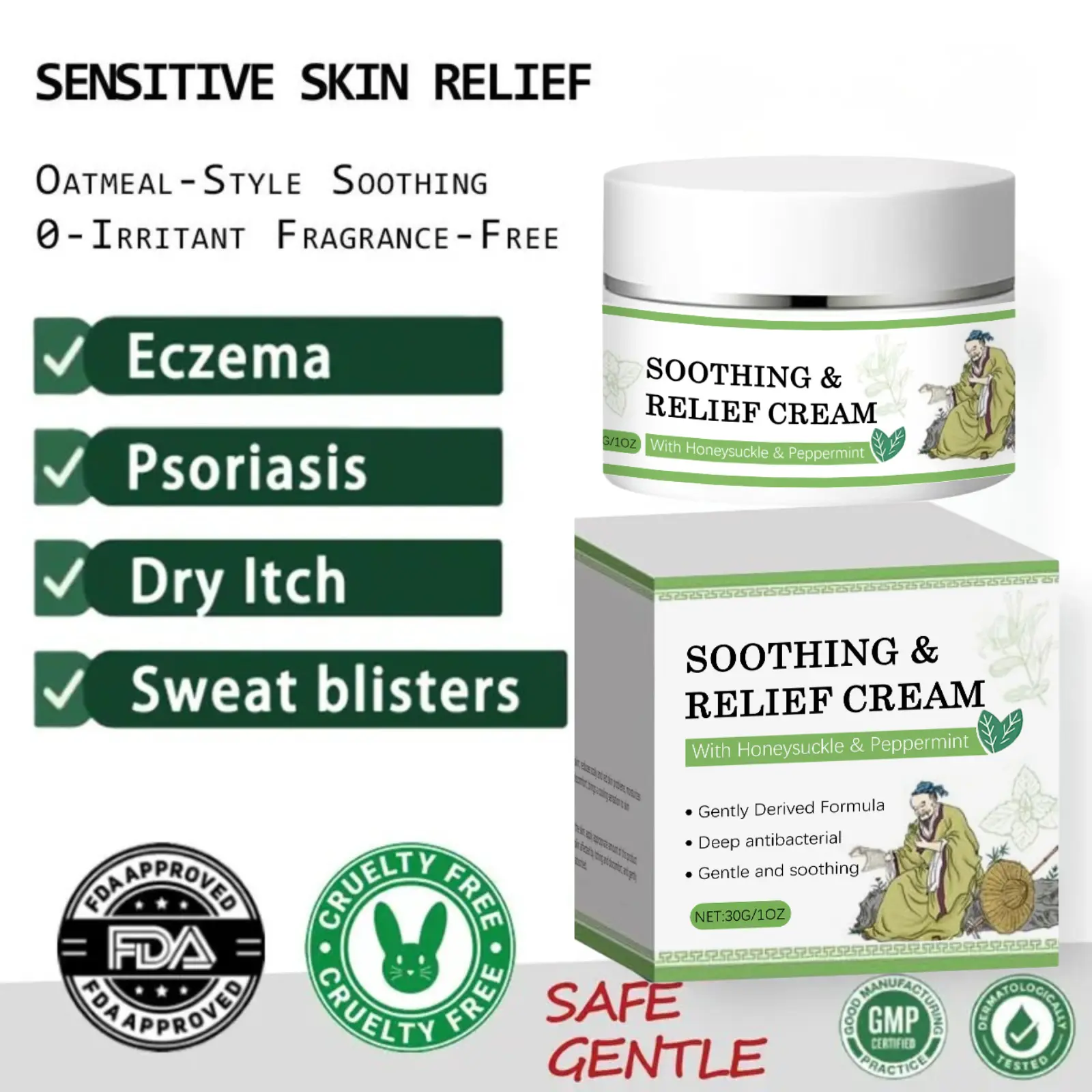 Antibacterial Anti-Itch Therapeutic Relief Cream - Therapy for Acne Treatment, Acne Spot Care, Herbal Extract, Fragrance-Free, Non-Irritating, Soothing for Sensitive Skin, All Ages & All Skin Types