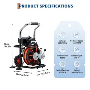 100FT Drain Auger Machine 1/2 Inch Carbon Steel Cable Professional Sewer Snake with Auto Feed Foot Switch 10 Cutters Electric Drain Cleaner