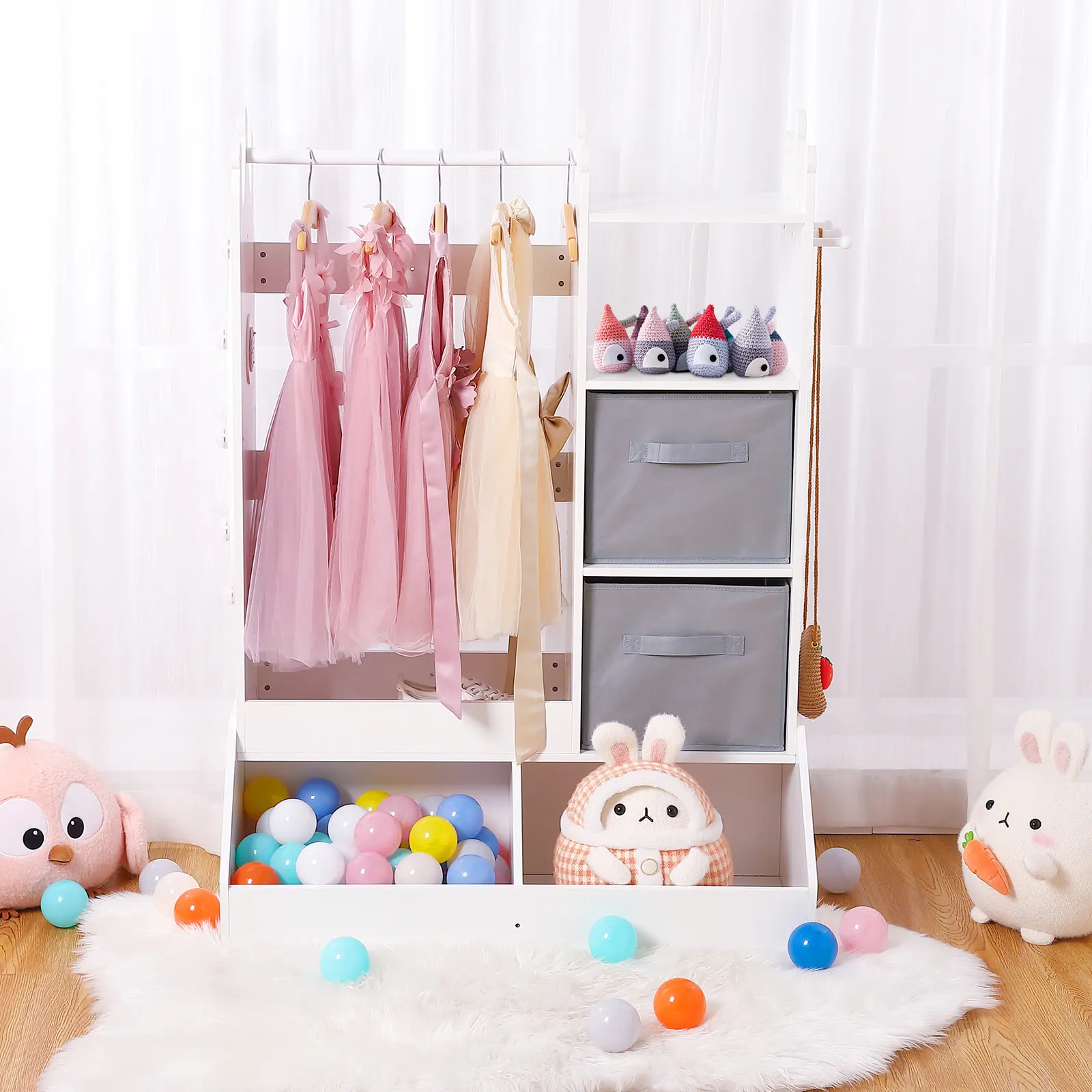 Girls' Dress Up Storage, 5 - Tire Kids Costume Wardrobe with Lighted Mirror & Storage Bin, Toddler Closet with Storage Baskets for Bedroom Nursery Playroom 115x48x80cm ﻿