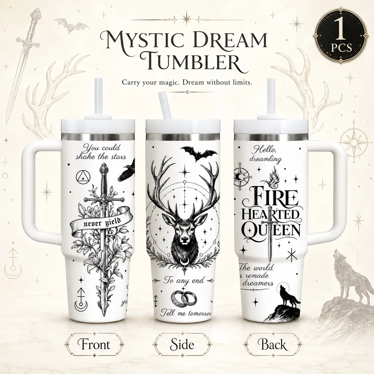 Witchy Celestial Fantasy Vacuum Flasks 40oz Stainless Steel Vacuum Insulated Tumbler with Handle & Straw | Long-Lasting Cold & Heat Retention, Leak-Resistant | For Iced Coffee, Water, Office, Gym & Travel