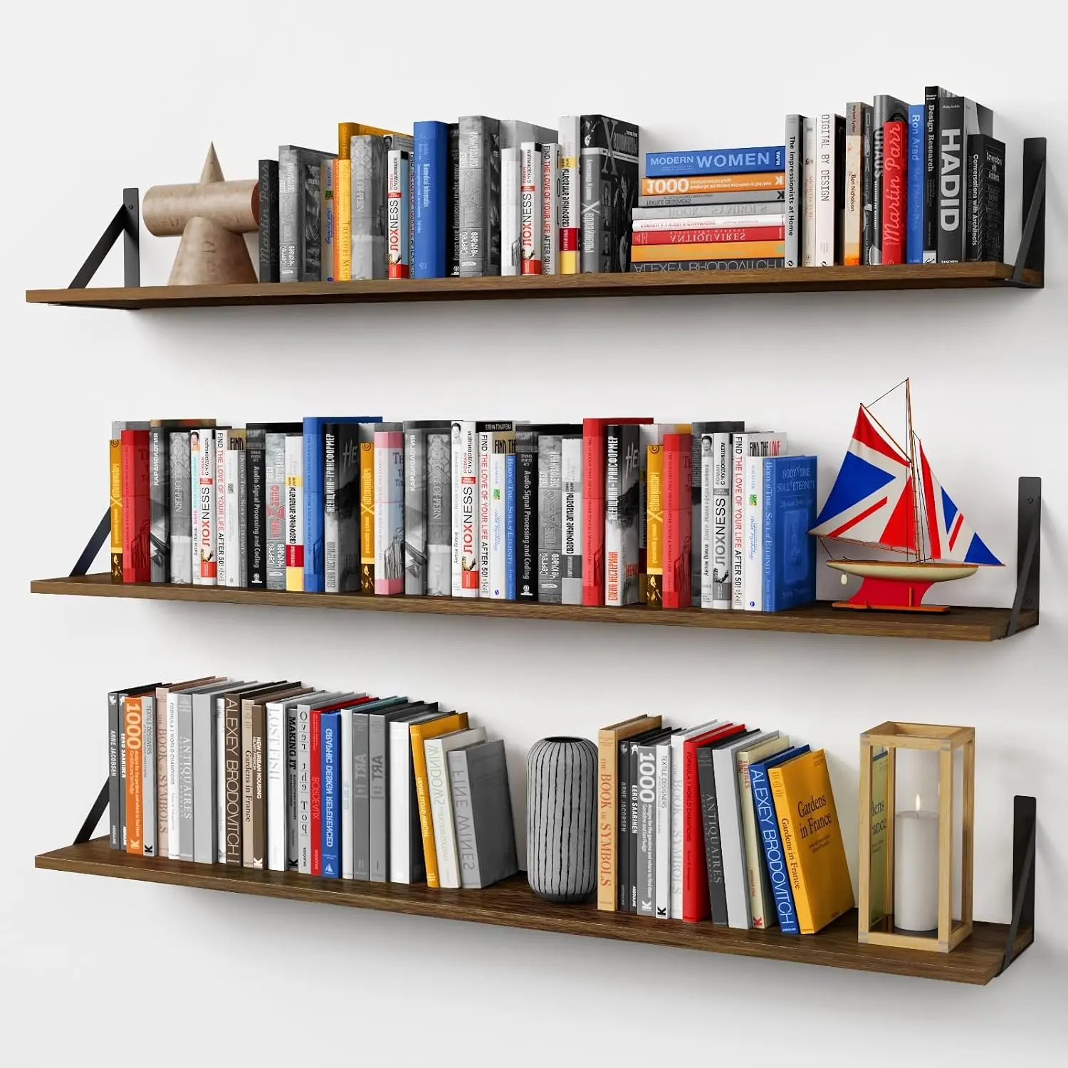 48 Inch Floating Shelves for Wall Long Set of 3, Large Wooden Wall Bookshelf for Bedroom Books, Rustic Wood Hanging Bookshelves for Living Room Laundry Closet Kitchen Storage (Dark Brown)