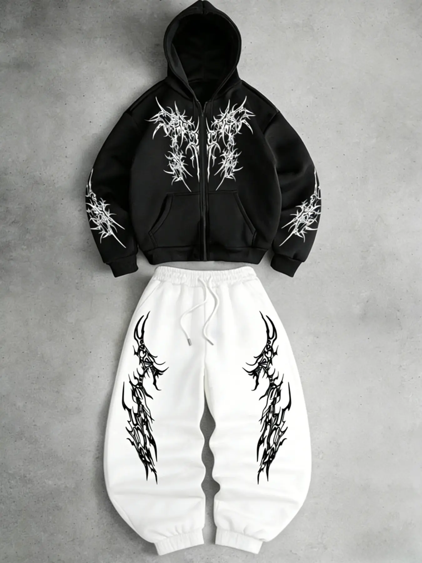Dark Thorn Totem Zip Hoodie Set, Spring Casual Fitted Sweatshirt & Pants, Trendy Unisex Clothing