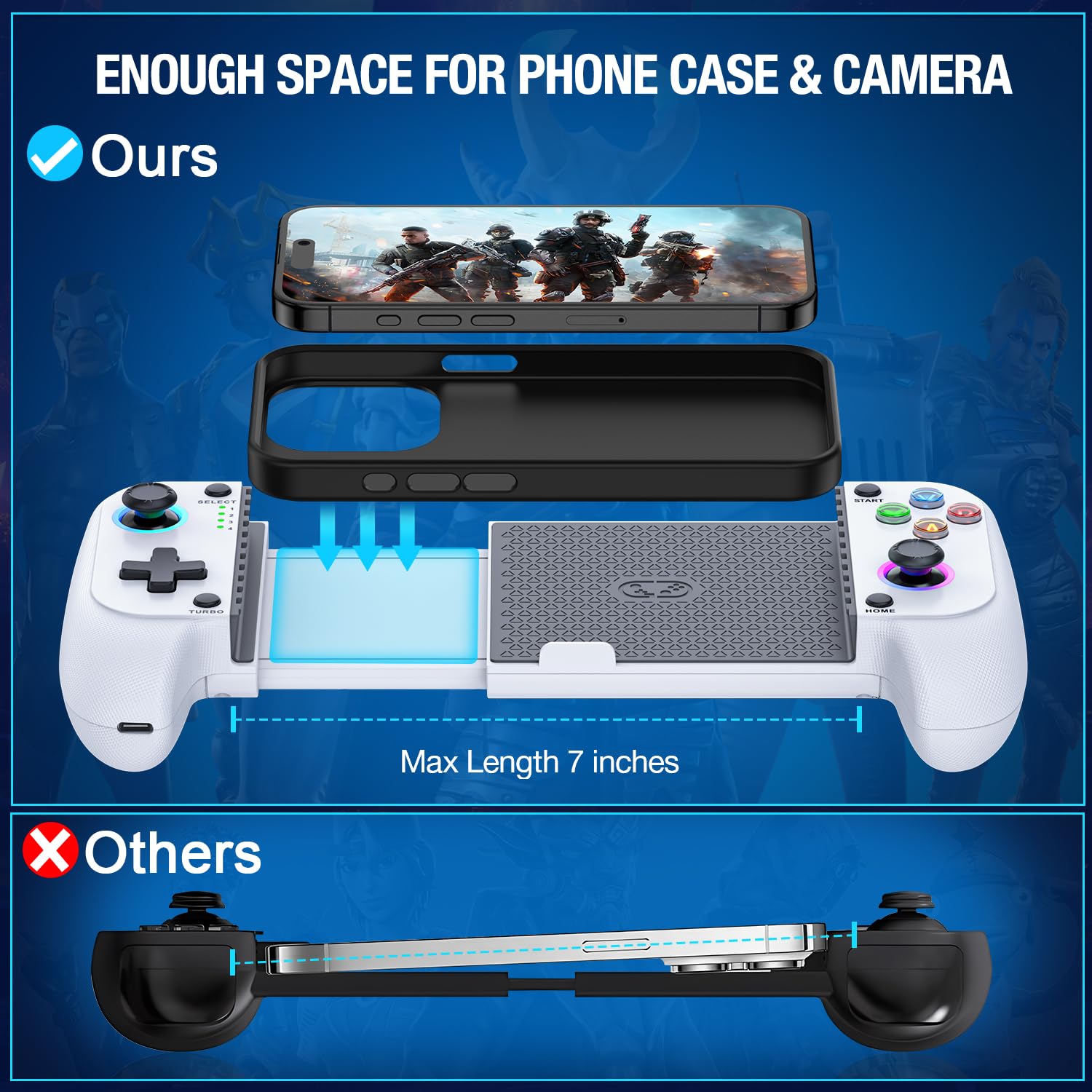 Phone Controller for /Android Support Phone Case, Mobile Controller with Led Light, Upgraded Joysticks, Turbo, Thumb Grips Handheld Gaming Gamepad