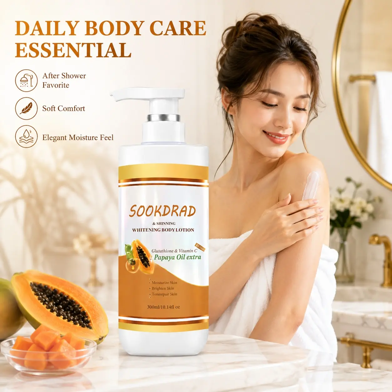 Whitening Body Lotion, Glutathione, Vitamin C, Papaya Oil, moisturize skin, brighten skin, repair skin tone, body, all skin types, 10.14fl oz, 300ml
