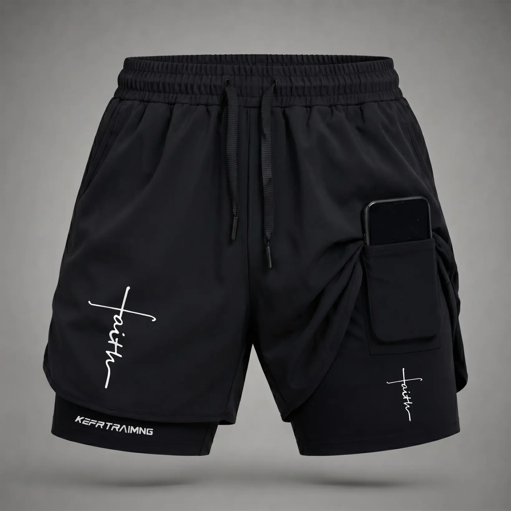 Men’s Minimalist Faith Signature Cross Graphic 2-in-1 Workout Shorts, Stretch Compression Inner Layer, Secure Phone Pocket, Adjustable Drawstring Waist, Lightweight Quick-Dry Fitness Shorts