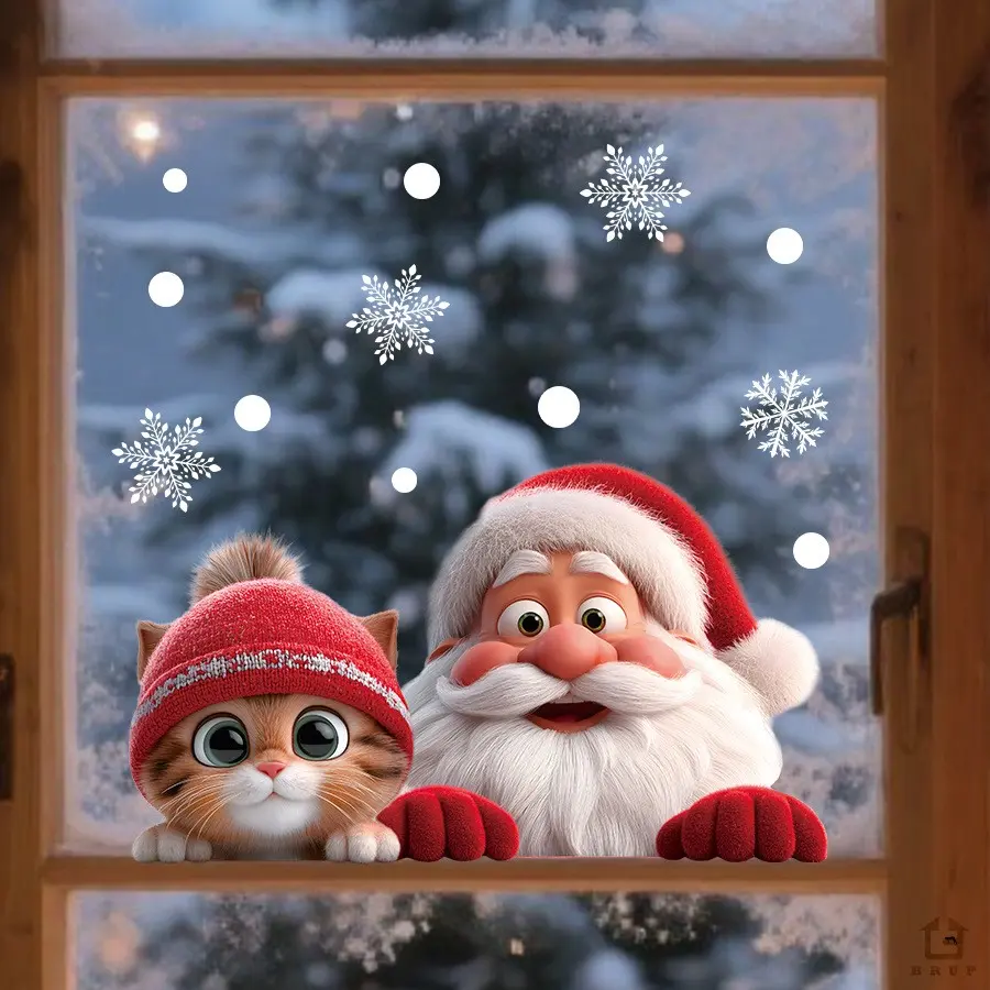 Cat and Santa Claus 3D Visual Stickers, Static Anime Home Decor, Window Display Stickers, Glass Window Decals, Festive Holiday Accessories